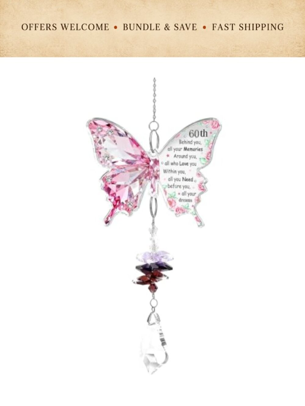 Butterfly Crystal Suncatcher 60th Birthday Gift for Women Hanging Outdoor Decor